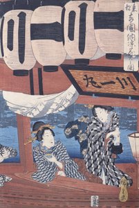 Disfrutando de los fuegos artificiales y la frescura de la noche en el puente Ryogoku en la Capital Oriental de Utagawa Hiroshige